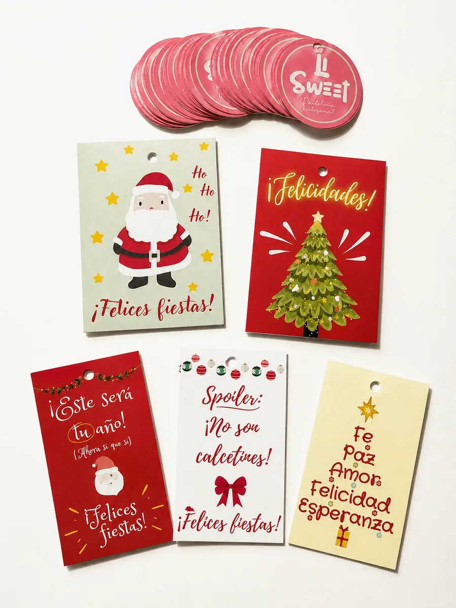 Tags colgantes y etiquetas impresas, listos para poner en los productos